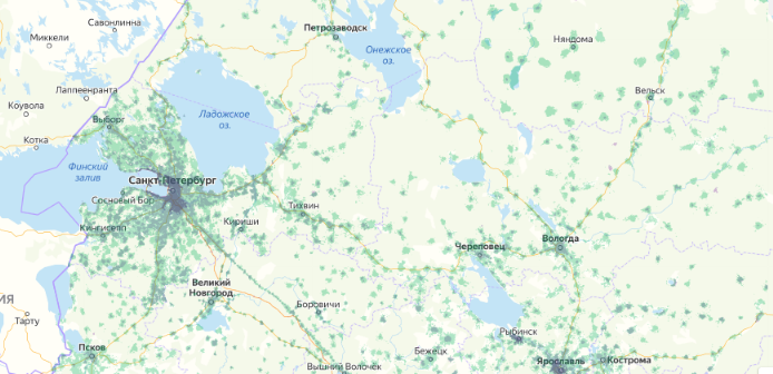Зона покрытия МТС на карте Вологда 